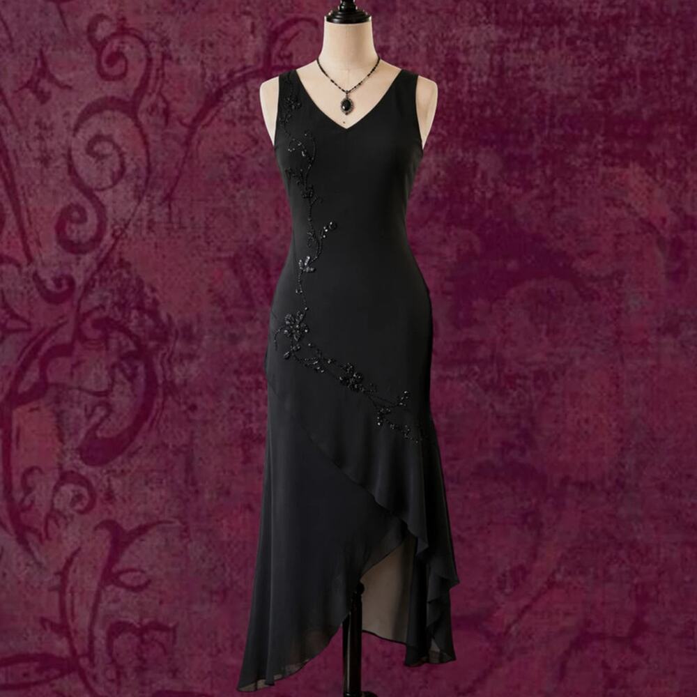 Black Beaded Floral Chiffon Midi Dress Asymmetrical Hem Romantic Goth
